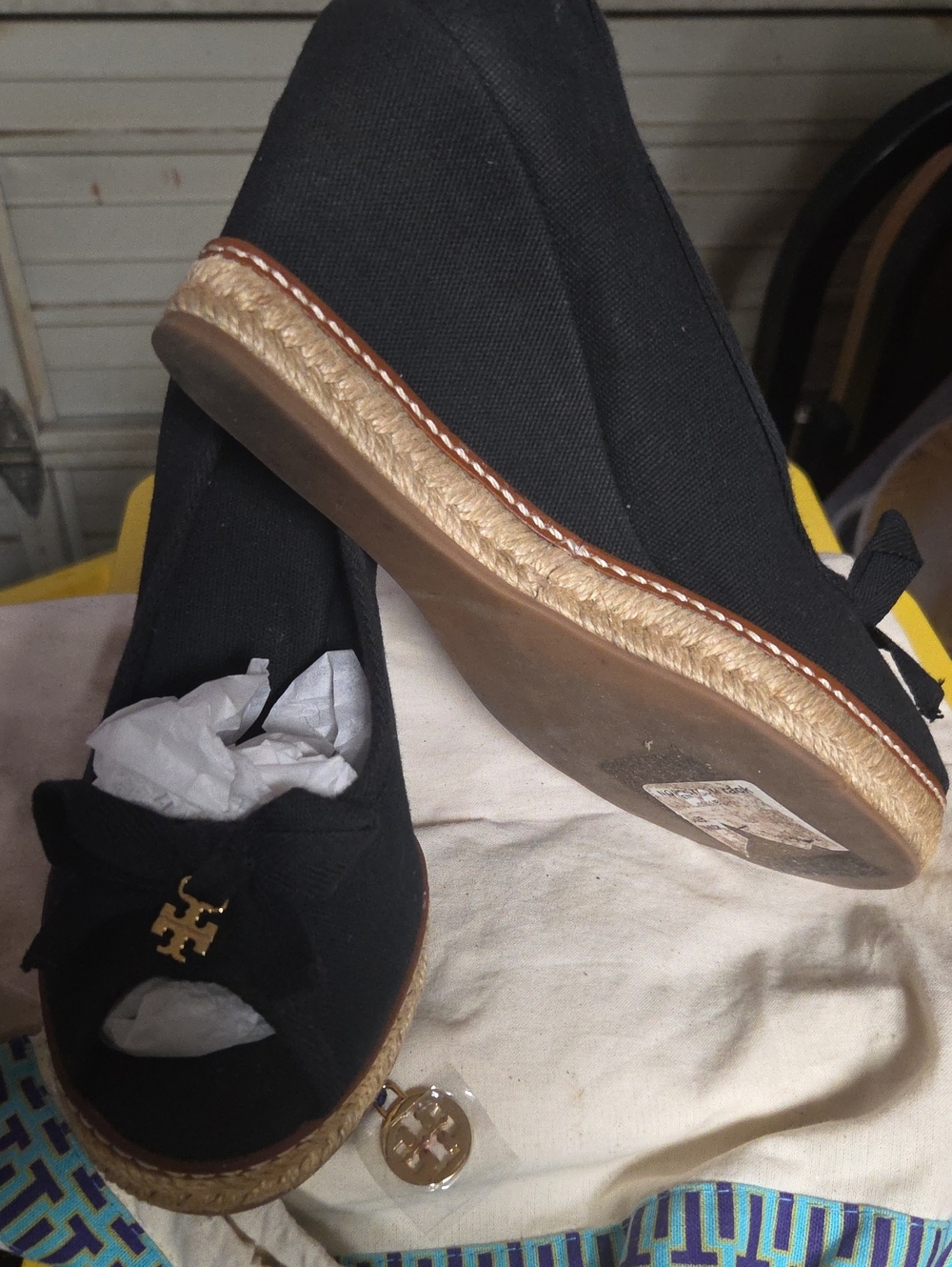 Tory Burch Black Canvas Espadrille Wedge Sandal with Gold Logo
